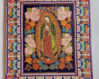 21" X 25" Ceramic Tile Mural, mexican talavera mosaic wall backsplash hand-painted art.