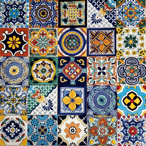 Box of 25 ASSORTED TALAVERA TILES  6 X 6" inch  - handmade mexican clay ceramic pottery