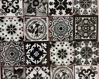 100 Hand Painted Mexican Talavera Tiles 2" X 2" Tiles Folk Art Handmade clay pottery mosaic, black and white