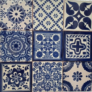 Box of 25 BLUE and WHITE assorted talavera tiles  6 X 6&quot; inch  - handmade mexican clay ceramic pottery