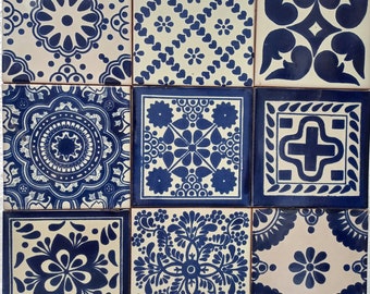 Box of 25 BLUE and WHITE assorted talavera tiles  6 X 6" inch  - handmade mexican clay ceramic pottery