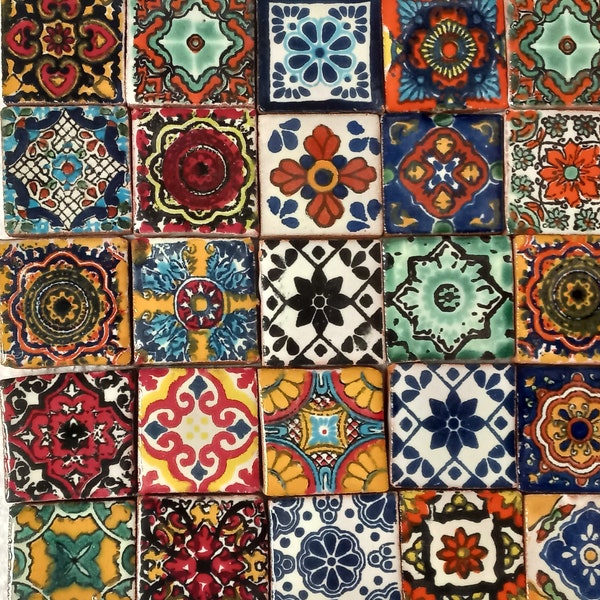 100 Assorted Hand Painted Mexican Talavera Tiles 1" X 1" Tiles Folk Art Handmade clay pottery mosaic