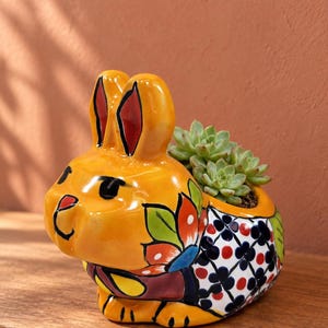 May include: A ceramic rabbit-shaped planter with a glossy yellow finish, featuring hand-painted floral motifs in red, green, and blue on the sides, a black and white geometric pattern on the back, and a small green succulent plant inside.