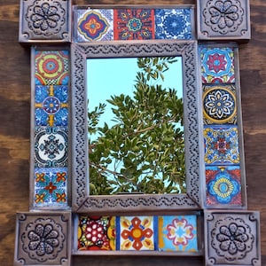Punched Tin Mirror - 13x11 inches - Handmade, handcrafted, with painted tiles