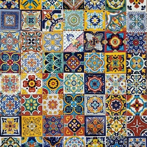 Box of 100 ASSORTED TALAVERA TILES 4 X 4&quot; inch - handmade mexican clay ceramic pottery