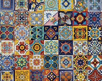 Box of 100 ASSORTED TALAVERA TILES 4 X 4&quot; inch - handmade mexican clay ceramic pottery
