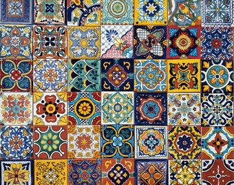 Box of 100 ASSORTED TALAVERA TILES 4 X 4" inch - handmade mexican clay ceramic pottery