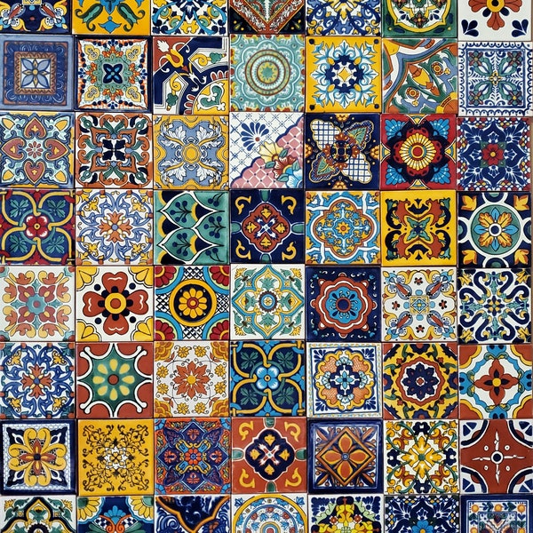 Caja de 50 AZULEJOS DE TALAVERA SURTIDOS 4 X 4" pulgadas - cerámica de arcilla mexicana hecha a mano