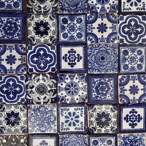 100 Hand Painted Mexican Talavera Tiles 2&quot; X 2&quot; Tiles Folk Art Handmade clay pottery mosaic, blue and white