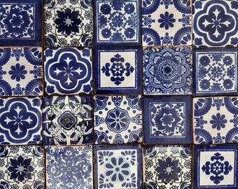 100 Hand Painted Mexican Talavera Tiles 2" X 2" Tiles Folk Art Handmade clay pottery mosaic, blue and white