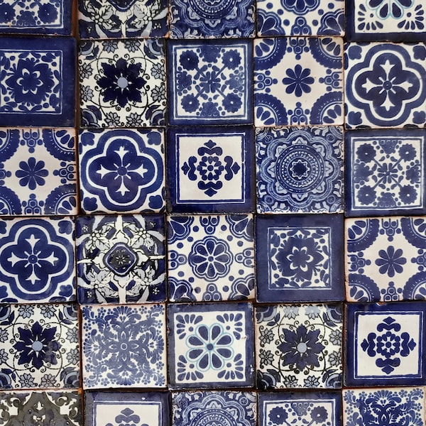 100 Hand Painted Mexican Talavera Tiles 2" X 2" Tiles Folk Art Handmade clay pottery mosaic, blue and white