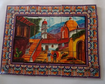 25" X 34" Ceramic Tile Mural, mexican talavera mosaic, wall backsplash, hand-painted art