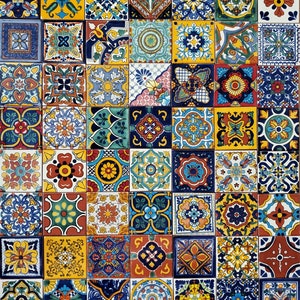 Box of 50 ASSORTED TALAVERA TILES 4 X 4" inch - handmade mexican clay ceramic pottery