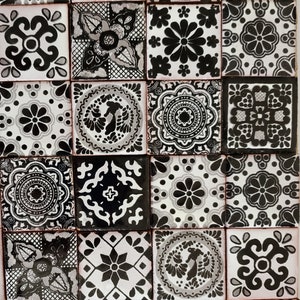 50 Hand Painted Mexican Talavera Tiles 2" X 2" Tiles Folk Art Handmade clay pottery mosaic, black and white
