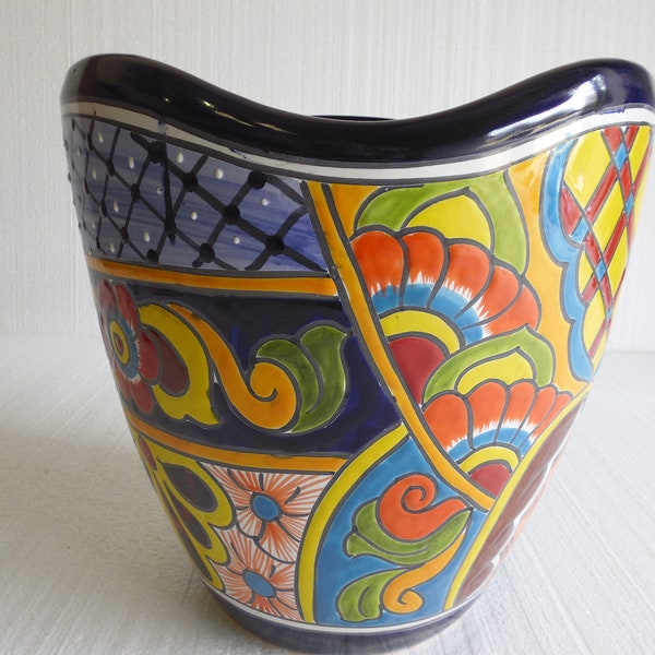 14" PLANTER colorful mexican talavera pottery ceramic handpainted folk art large XL