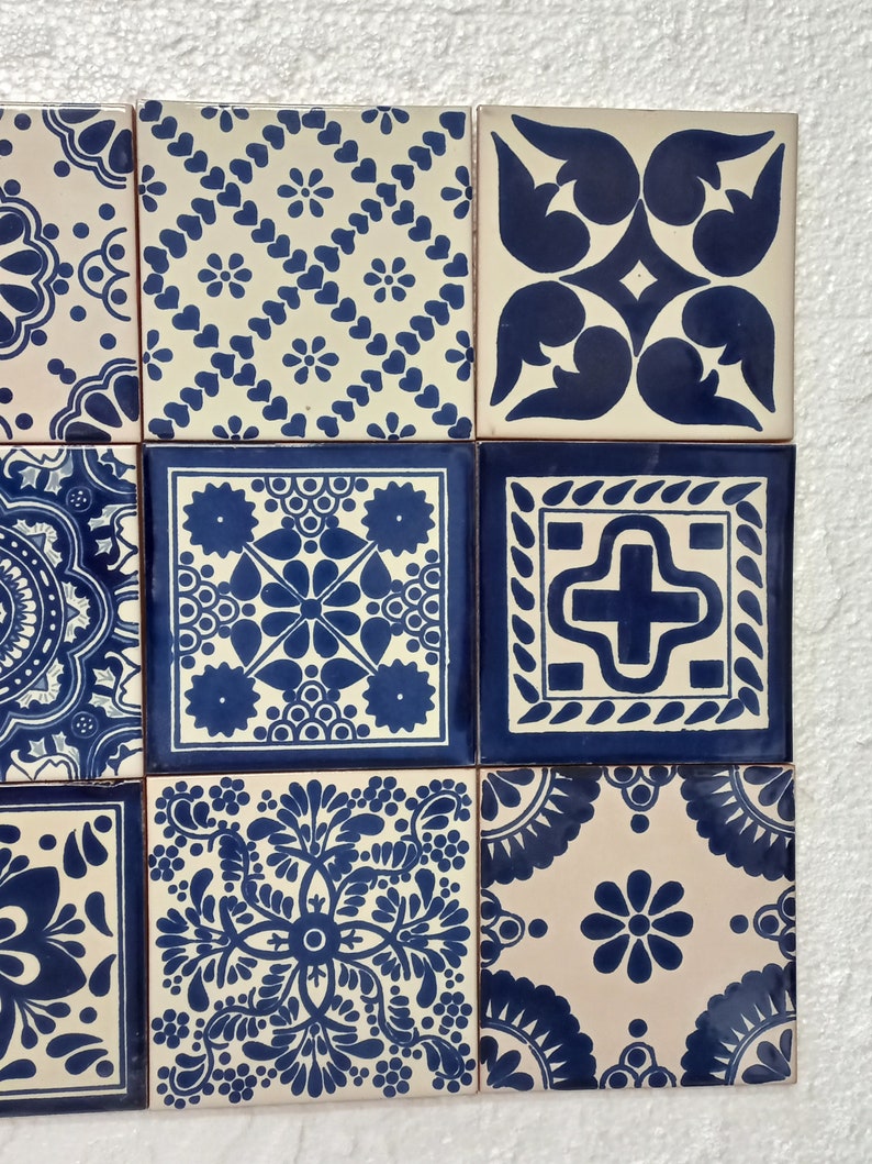 Box of 40 BLUE and WHITE assorted talavera tiles 6 X 6 inch handmade mexican clay ceramic pottery image 3