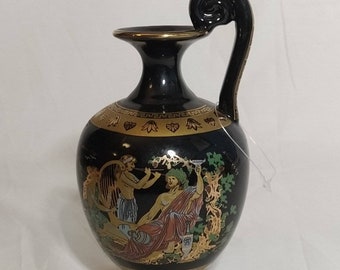 Greek ceramic vase 15cm, Black ceramic Ancient vase 24kt gold Dionysus