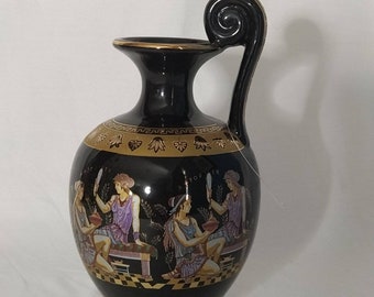 Greek ceramic vase 17cm, Black ceramic Ancient vase 24kt gold Aphrodite Greek goddess