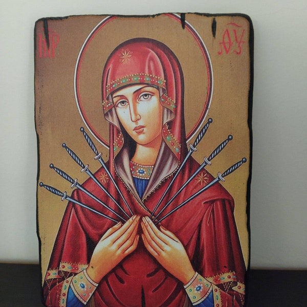 Sieben-Pfeile-Ikone Mutter Gottes, Russisch-Orthodoxe Holzikone 21 / 30cm