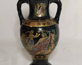 Greek ceramic vase 19cm, Black ceramic Ancient Amphora 24kt gold Dionysus