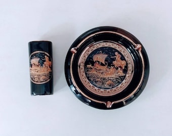 Set of Ashtray/Lighter Holder Black ceramic with gold Greek mythology Odyssey in Ithaca