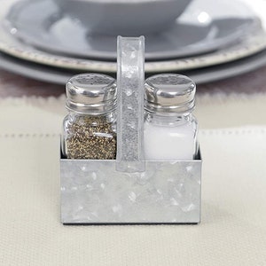 Free Shipping- Farmhouse Salt and Pepper Shaker Set with Premium Padded Caddy, Galvanized Metal and Glass