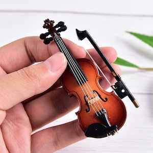 Mini Violin Miniature Musical Instrument Wooden Model with Support and Case
