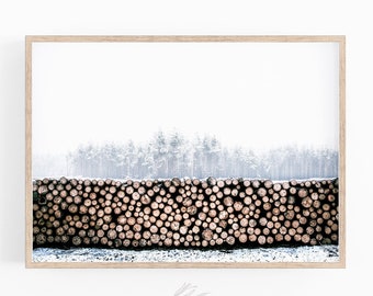 Forest Print, Winter Wall Art, Snow Covered Logs, Digital Print, Minimalist Print, Nordic Decor, Snowy Trees Print, Printable Art, Decor