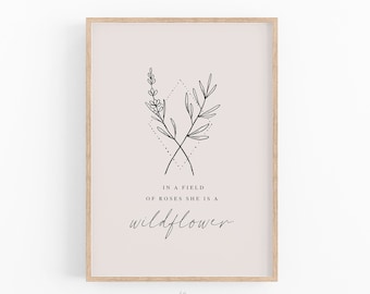 En un campo de rosas, ella es una flor silvestre, impresiones para guardería de niñas, letrero de arte de pared para guardería, impresión floral para guardería, impresión de flores silvestres, arte para habitación de niñas