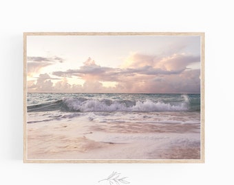 Beach Print, Sunset Beach Wall Art, Ocean Print, Waves Wall Art, Minimalist Boho Beach House, Beach Prints, Digital Download, Pink Wall Art