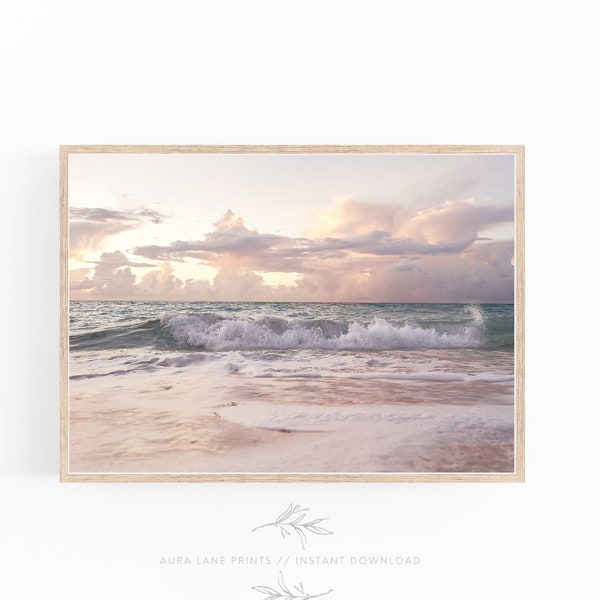 Beach Print, Sunset Beach Wall Art, Ocean Print, Waves Wall Art, Minimalist Boho Beach House, Beach Prints, Digital Download, Pink Wall Art