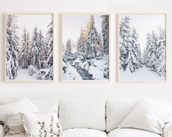 Puede incluir: Tres fotografías enmarcadas de un bosque invernal con árboles cubiertos de nieve y un arroyo en la imagen del medio. Las fotografías están colgadas en una pared blanca sobre un sofá blanco con un cojín y un puf tejido.