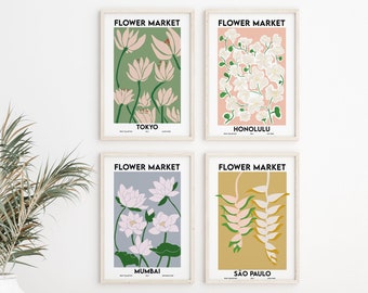 Flower Market Print Set Of 4, Boho Wall Art, Flower Market Poster, Printable Wall Art, Botanical Prints, Flower Gallery Wall