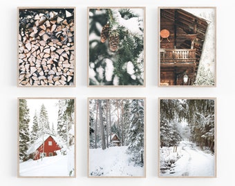 Winter Drucke, Weihnachts Wandkunst, 6er Set druckbare Poster, Hüttendrucke, Winter Wunderland, Winterwald Kunst, Nordische Drucke