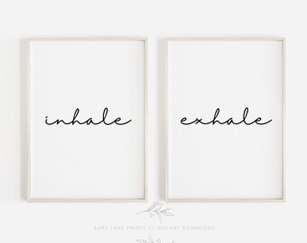 Inhale Exhale Wall Art, Inhale Exhale Print, Set of 2 Bedroom Prints, Yoga Decor, Relaxing Wall Art, Black and White Prints, Typography Art