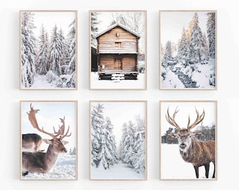 Vinterland, utskrivbart set med 6, julgalleryväggkonsttryck, naturfotografi av stuga, renskog, vinterutskrivbart