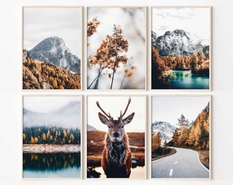 Forest Wall Art, Fall Wall Art, Set Of 6 Printable Posters, Autumn Prints, Mountain Wall Art, Cabin Decor, Mountain Lake Print - DIGITAL ART