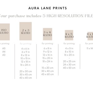 May include: Aura Lane Prints graphic with text indicating the purchase includes 5 high-resolution files. The image displays various print ratios, including ISO, 2x3, 3x4, 4x5, and 11x14, with corresponding sizes in inches and centimeters.