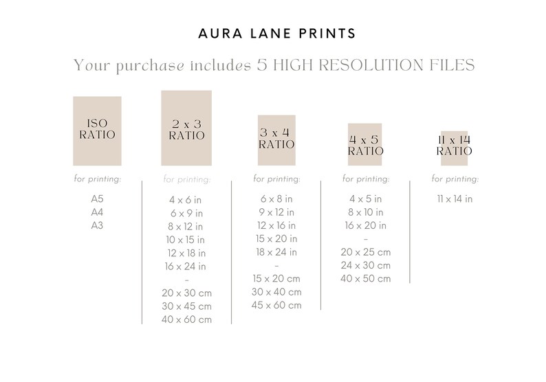 May include: Aura Lane Prints graphic with text indicating the purchase includes 5 high-resolution files. The image displays various print ratios, including ISO, 2x3, 3x4, 4x5, and 11x14, with corresponding sizes in inches and centimeters.