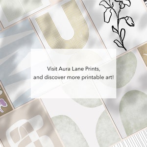 May include: A collection of printable art prints featuring abstract shapes, floral designs, and minimalist line art. The prints are displayed on a white background with shadows. The text "Visit Aura Lane Prints, and discover more printable art!" is displayed in the center of the image.