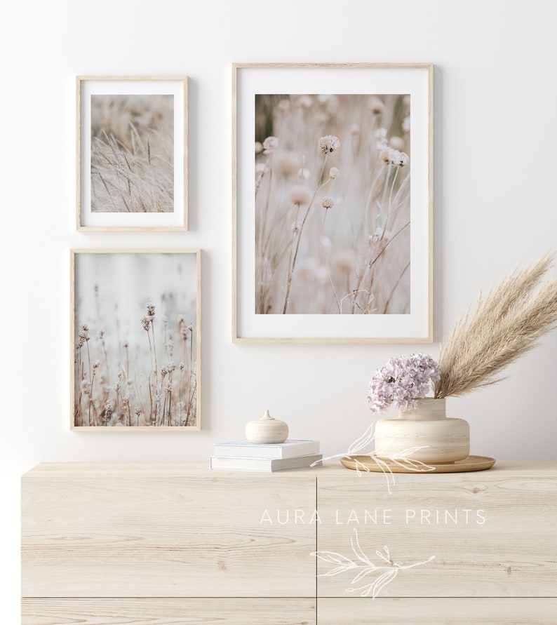 May include: Three framed prints of muted beige and brown wildflowers and grasses. The prints are arranged in a vertical row on a white wall. A vase with dried flowers sits on a wooden dresser with the text "Aura Lane Prints" on the front.