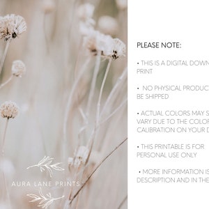 May include: A digital download print of a photograph of dried white flowers against a blurred background. The text "AURA LANE PRINTS" is at the bottom of the image. The text "PLEASE NOTE:" is on the right side of the image, followed by a list of five bullet points.
