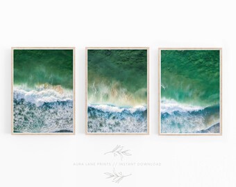Set of 3 Ocean Waves on Beach Printable Wall Art Prints, Blue Green Beach House Decor, Costal Living, Beach Art, California Decor
