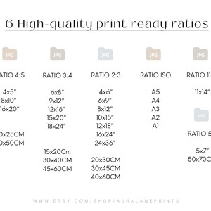 May include: A chart showing six different print-ready ratios for digital images. The ratios are 4:5, 3:4, 2:3, ISO, 11:14, and 5:7. The chart includes common print sizes in inches and centimeters.