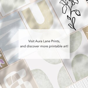 May include: An assortment of abstract art prints in various neutral tones, including beige, white, and light blue. Some prints feature geometric shapes, while others showcase botanical line drawings. The text "Visit Aura Lane Prints, and discover more printable art!" is displayed.