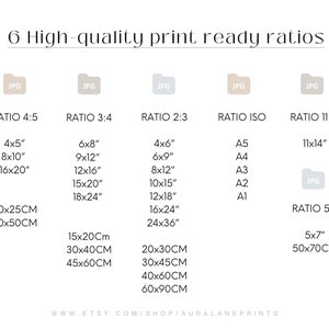 May include: A chart showing six different print-ready ratios for digital images. The ratios are 4:5, 3:4, 2:3, ISO, 11:14, and 5:7. The chart includes common print sizes in inches and centimeters.