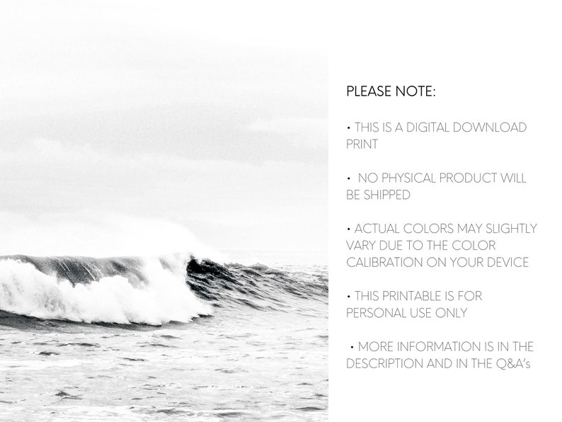 May include: Black and white photograph of a large wave crashing in the ocean. The image is a digital download print.