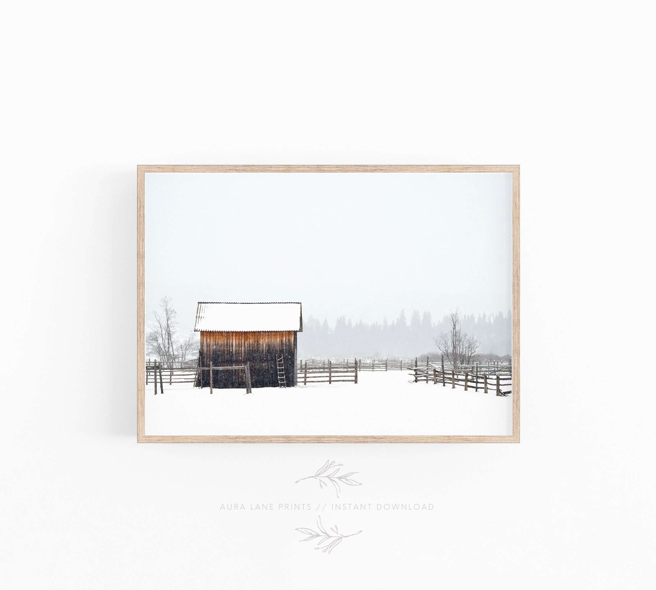 Snow Covered Barn, Winter Wall Art, Digital Print, Minimalist Print, Nordic Decor, Snowy Trees Print, Printable Art, Winter Wonderland Decor
