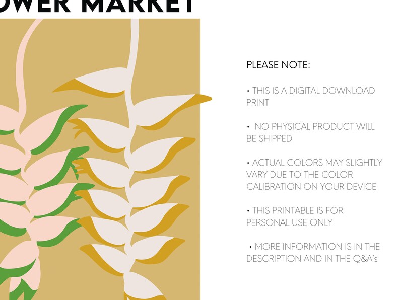 K&ouml;nnte beinhalten: Ein digitaler Druck mit einer stilisierten Illustration einer tropischen Blume mit gelben, wei&szlig;en und rosa Bl&uuml;tenbl&auml;ttern auf beigefarbenem Hintergrund. Der Text "PLEASE NOTE:" ist mit f&uuml;nf Aufz&auml;hlungszeichen aufgelistet.