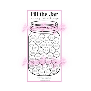 Op de afbeelding: Een zwart-witte printbare spaaruitdagingkaart met een potontwerp. De kaart heeft in totaal 25 cirkels, elk met een bedrag van € 1 tot € 5. De kaart heeft de titel "Vul de pot Spaaruitdaging" en heeft een totaal van € 100.